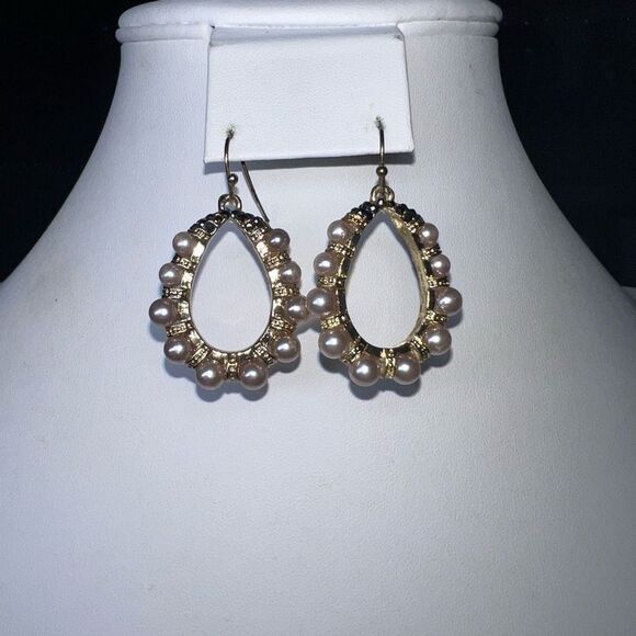 No Brand Jewelry - Gold Tone and Faux Pearl with Crystals Dangle Oval Earrings